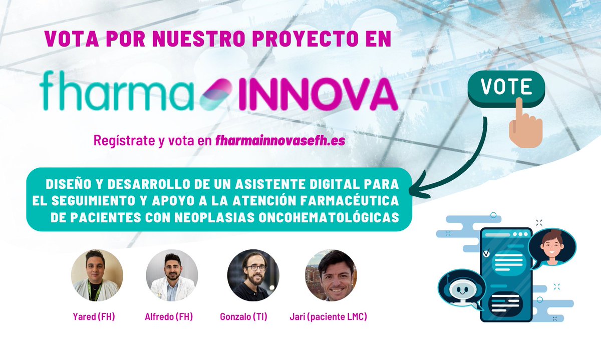 Amonterodel's tweet photo. 🥳Somos semifinalistas en fharmaINNOVA con un proyecto de investigación para crear un asistente digital para apoyar la atención farmacéutica a pacientes oncohematológicos.
🙏🏽Si votas por nosotros en https://t.co/tExtL1CjVK podremos demostrar que la Salud Digital es una realidad!
Os contamos un poco el proyecto 👇🏽