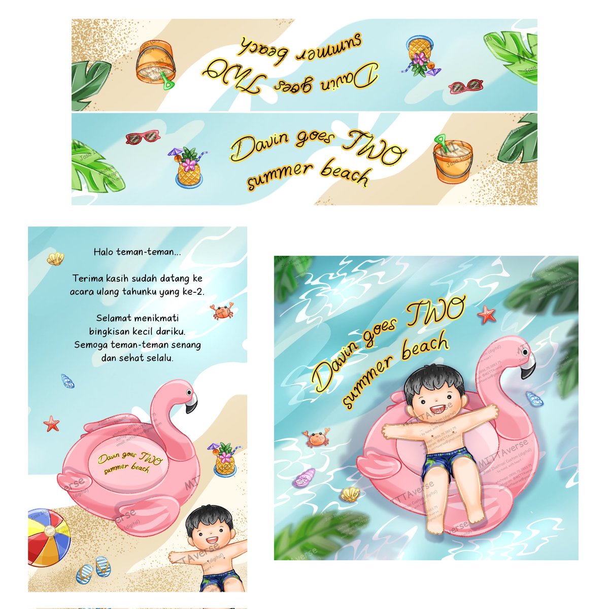mittaverse's tweet photo. Commission Opened.
Summer theme for birthday boy 🧒🏻🦩🌊🐚🦀🩴🍍👓⛱️🪣🌞
Yg mau bikin gambar ilustrasi yuk merapat 😀
Mau tanya2 dl boleeehh..  Via wa: 089675388375 https://t.co/f66TpllulN