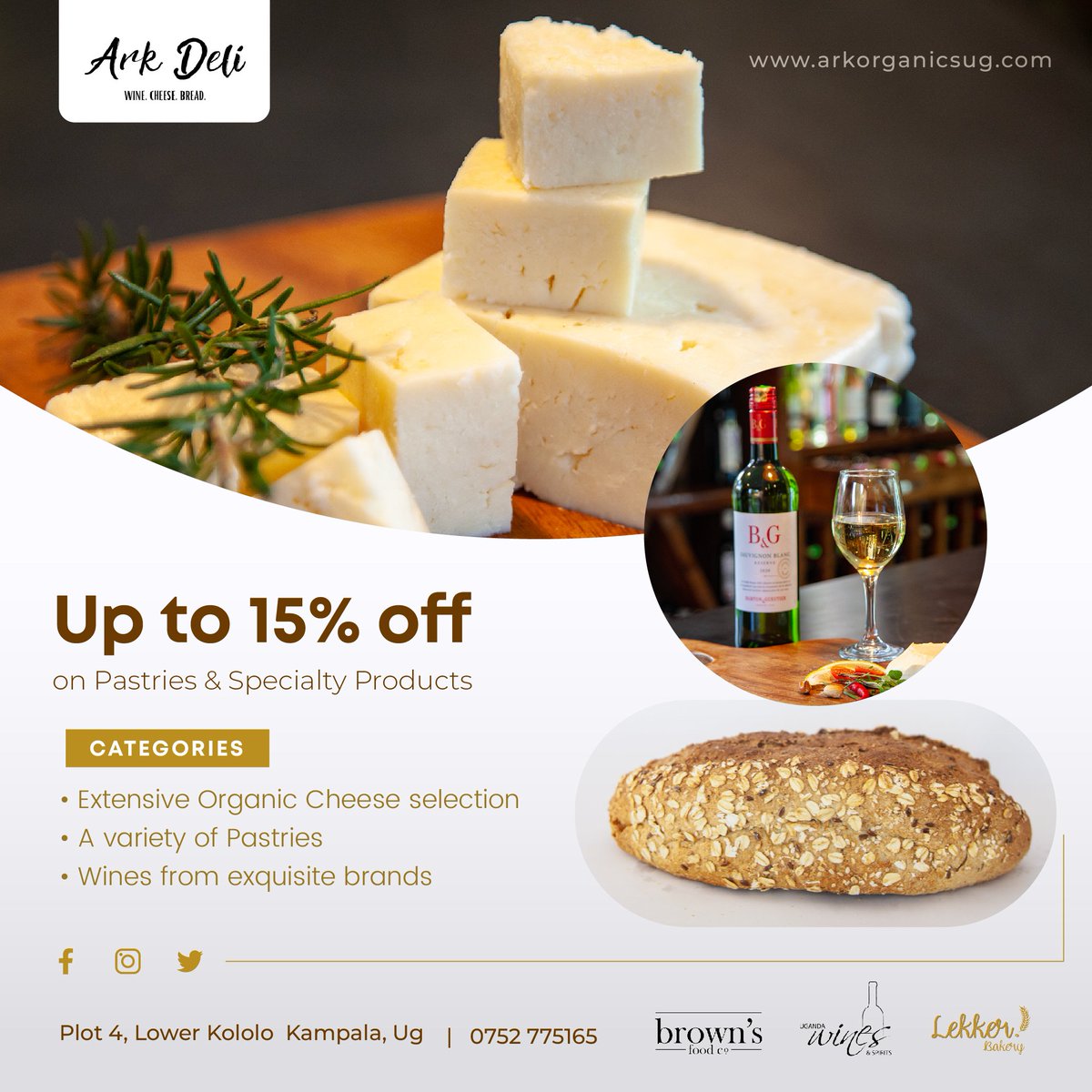 15% discount on your favourites🧀🍷🍥🥐! Harry while offer still lasts.

📍 Plot 4, Lower Kololo | 0752775165.
#arkdeli #discount #offerday #winelover #wineandcheese #pairing #foodie #tasty #cheese #arkorganics