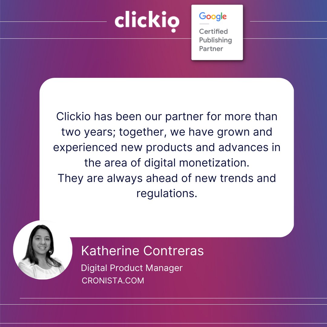 ClickioGlobal's tweet photo. We're delighted to receive such positive feedback from one of our valued publisher partners! 👏At Clickio, we're dedicated to providing innovative digital monetization solutions and staying ahead of the latest trends and regulations. 
#PublisherSuccess #PartnershipGoals https://t.co/fAgcOBu5Xo
