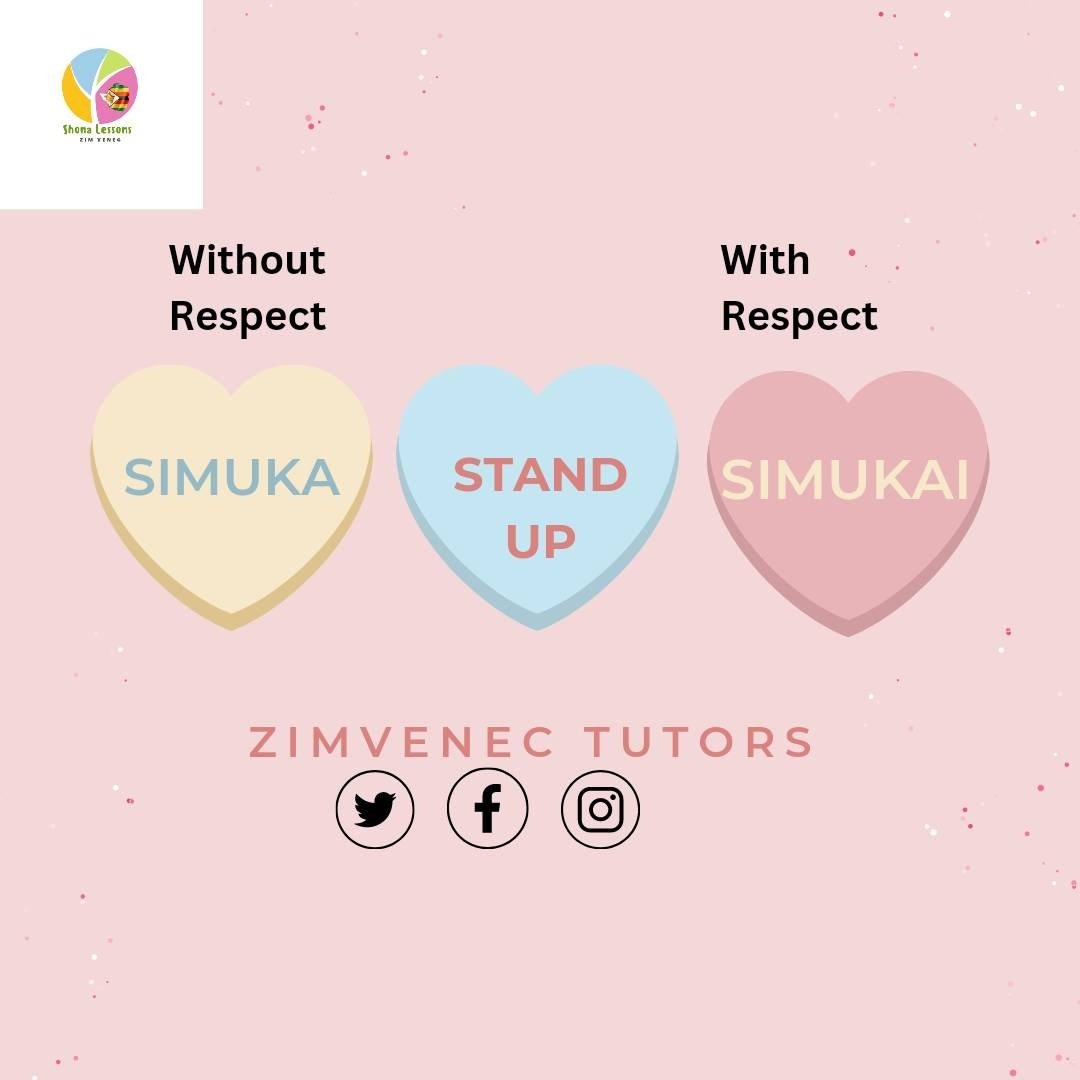 ZimvenecTutors's tweet image. You can use same word to say same thing but with respect and without respect. Know the difference especially when speaking to an elderly person.

zimvenec.com
#Shona #withrespect #respect