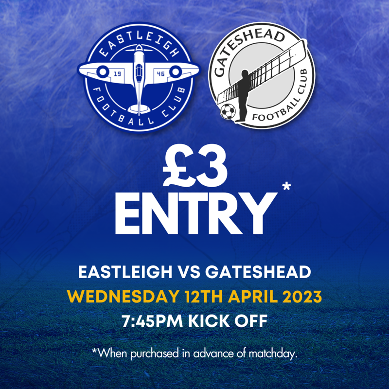 EastleighFC's tweet photo. Who will be joining the #Spitfires for our clash against @GatesheadFC? 🤔

Tickets are priced at £3 per person when you buy them in advance! 🎟