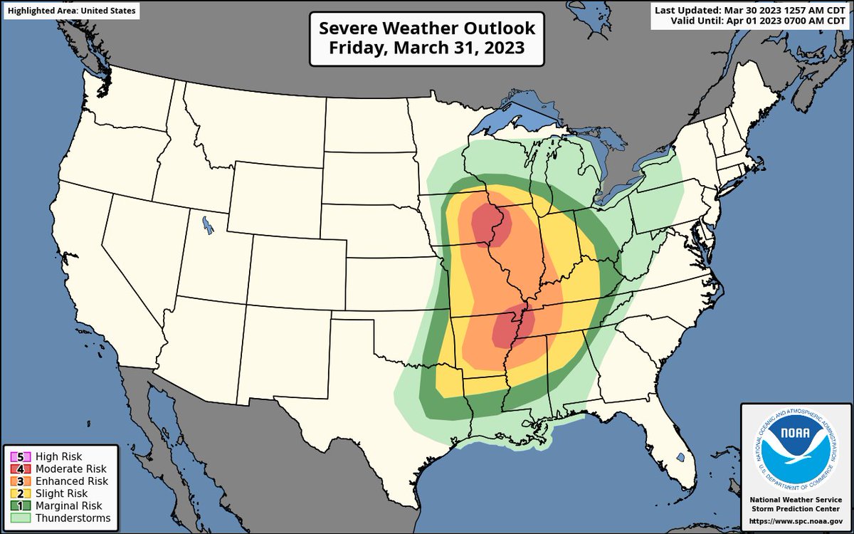 NWSSPC's tweet photo. A regional outbreak of severe thunderstorms is forecast Friday, March 31.  The most intense storms, capable of damaging gusts , a few tornadoes (some strong &amp; long-tracked), &amp; large hail are expected from the Mid-MS Valley to the Mid-South. More details: https://t.co/QMmU4tBZDt. https://t.co/m3SGTxSF8S