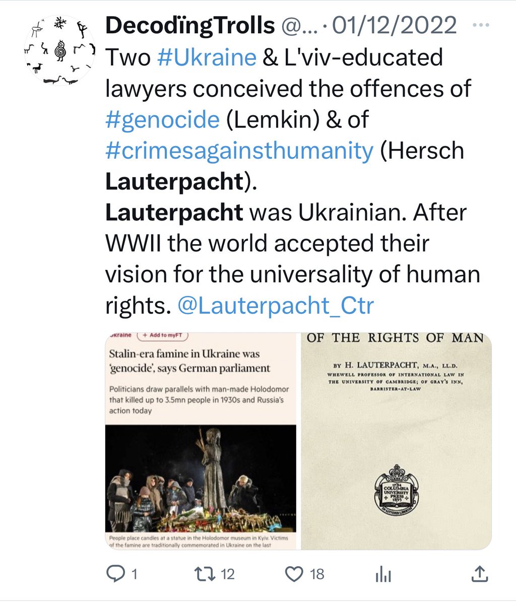 Let's decode @Olympics troll that participation in sport is a human right. Ukrainian international lawyer Hersch Lauterpacht's vision for human rights as UNIVERSAL as a matter of LAW was accepted as LAW by 1949. 1/