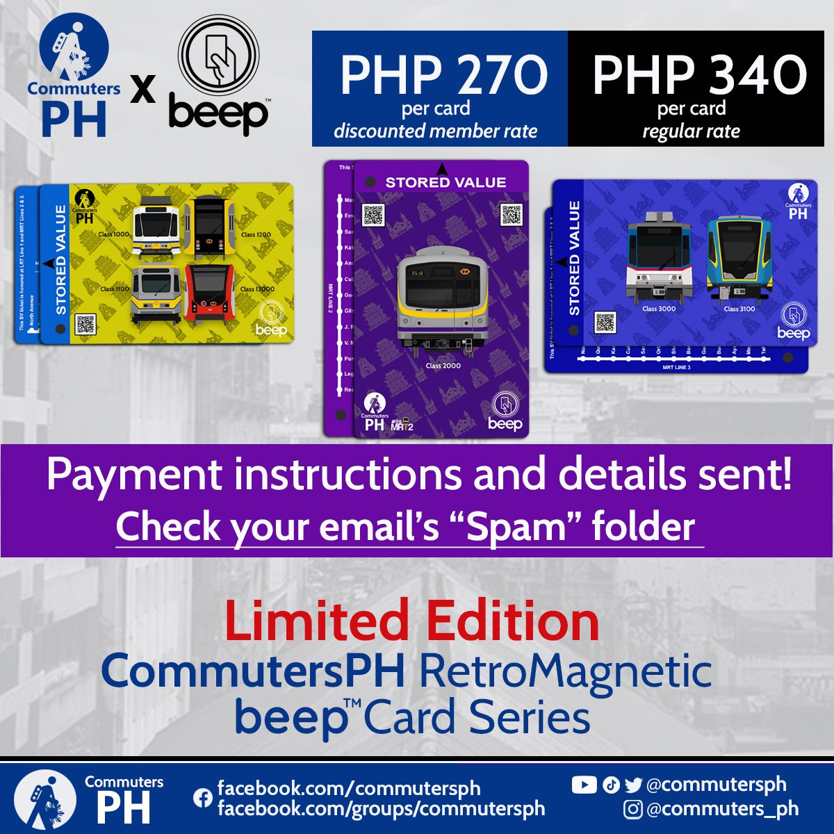 hashtagMRT2's tweet photo. Pre-ordered our Limited Edition RetroMagnetic Beep Cards but haven't received any payment instructions?
Check your spam folder for our email.
Deadline for payment for those who were able to preorder is Friday, March 31, 2023 11:59PM PST.
#CommutersPH #itsMRT2 #beep https://t.co/mgzx5KqqOZ