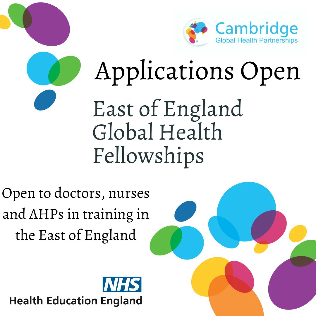 Applications are open for the East of England Global Health Fellowships! GHFs get funded time (one session a week) to dedicate to global health activities. Check your elegibility and find out more here: buff.ly/3Klzbnx 
Deadline 28th April.