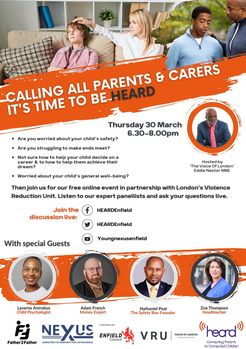💻 Join our founder @nathanielpeat with @EddieNestorMBE @eddiefrench Lavern Antrobus @OasisHadley Zoe Thompson tonight live on @HEARDEnfield social media for an event dedicated to parents and carers event in partnership with @LDN_VRU @EnfieldCouncil @Father2fatherUk @LibPeck