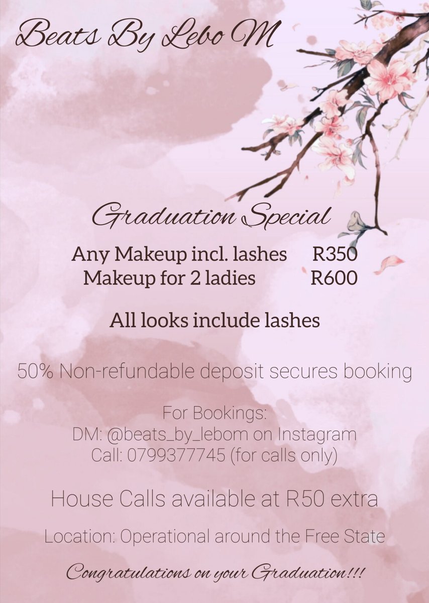 lebohang__m's tweet photo. Bookings open for April Graduations.. DM or call 0799377745 to book your appointment.
#UFSGraduation #GirlTalkZA #MUA #makeupartist #Bloemfontein #graduation https://t.co/RxlNhGjNDA