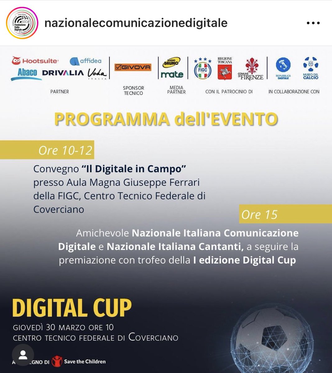 giuseppelanese's tweet photo. Oggi a #Coverciano in campo per la sfida tra #NazionaleItalianaComunicazioneDigitale e #NazionaleItalianaCantanti per la #DigitalCup. Alle 10 il convegno “Il digitale in campo”. Il progetto sostiene #Savethechildren. Link per donare:
https://t.co/fKzZRGxTji @Fondazione_FID https://t.co/qlJXYUnhhj