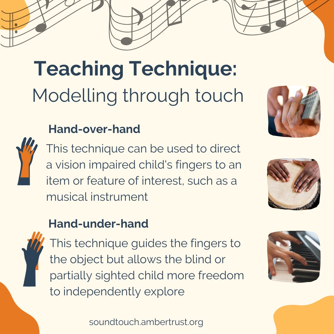 Hand-over-hand and hand-under-hand are helpful strategies for teaching music to vision impaired children. Daniel uses both techniques with Lucy.
 
Physical contact should be undertaken within policy guidelines (school) or with parental consent (at home).
soundtouch.ambertrust.org