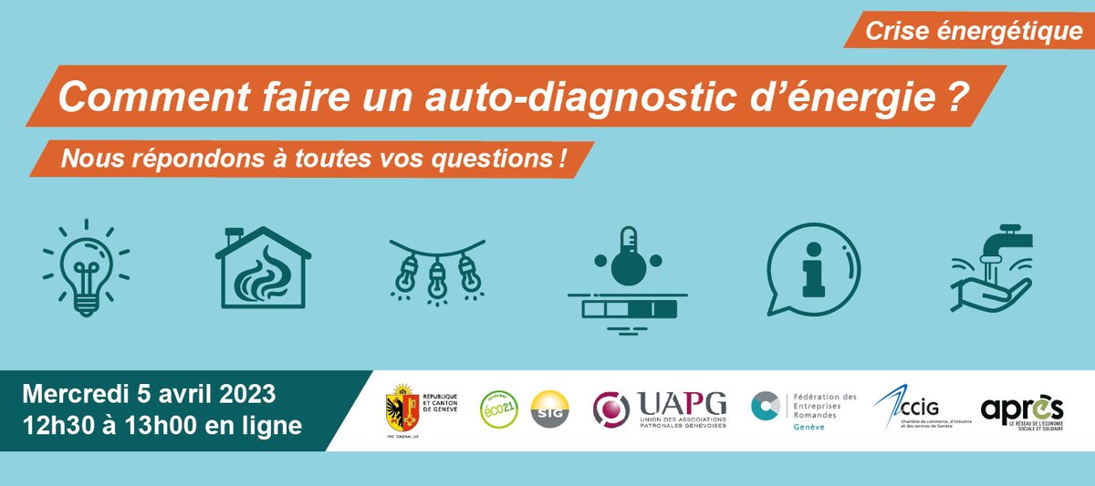 𝗪𝗘𝗕𝗜𝗡𝗔𝗜𝗥𝗘 𝗦𝗨𝗥 𝗟'𝗘𝗡𝗘𝗥𝗚𝗜𝗘

📅 5 avril – 12h30-13h30
🔗 ge.ch/evenement/comm…

Découvrez l'auto-diagnostic proposé par <a href="/SIG_Geneve/">SIG</a>, qui permet d'identifier les sources possibles d'économies et propose des solutions concrètes pour consommer moins. #énergie