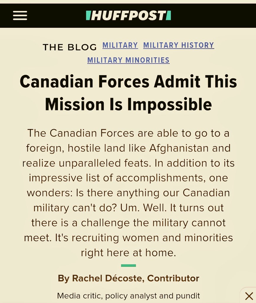Rachel_Decoste's tweet image. I wrote abt some CAF problems a decade ago. (I can&apos;t believe it&apos;s been 10 yrs, still relevant!)

Namely the lowering of their diversity targets to meet bigots&apos; diversity dreams....

Ass-backwards.
google.com/amp/s/www.huff… #cdnpoli #cdnforces #diversityandinclusion @NationalDefence