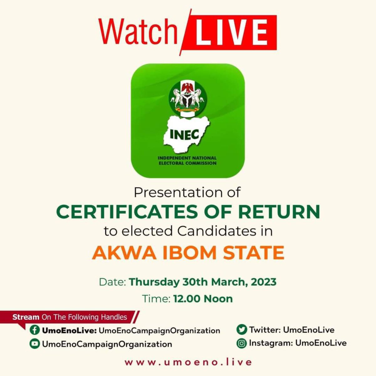 mraniekanekah's tweet photo. Join us Live at the Presentation of Certificates of Return to elected Candidates in Akwa Ibom State.
Live links
YouTube: @umoenocampaignorganization
Facebook: Umo Eno LIVE Umo Eno Campaign Organisation
#CertificateOfReturn
#AkwaIbom
#AriseAgenda https://t.co/DurJOjKqiX