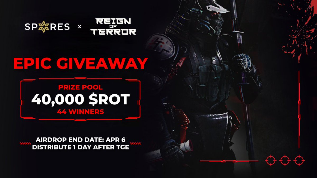 🥳SPORES X <a href="/RoTTheGame/">Reign of Terror</a>  HUGE #AIRDROP 🚀

🏆TOTAL: 40,000 $ROT - $500
👉2000 $ROT x 4 TOP referrers
👉800 $ROT x 40 lucky winner 
⏳Ends on April 6, 10AM UTC

To join:
❤️&amp; RT this post
✅ Complete #Gleam gleam.io/competitions/j…
 #MMORPG #blockchain #Giveaway #GameFi