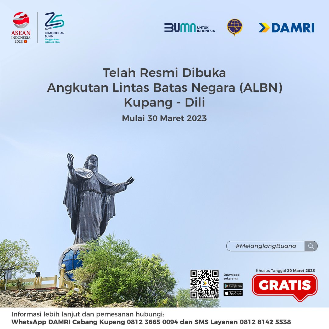 DamriIndonesia's tweet photo. TELAH DIBUKA
ANGKUTAN LINTAS BATAS NEGARA KUPANG 🇮🇩 - DILI 🇹🇱

Yuk jadi orang pertama yang mencoba rute Kupang - Dili bersama DAMRI! Khusus untuk tanggal 30 Maret 2023, tarifnya GRATIS lho Sob! 

Yuk #Melanglangbuana hingga tanah Timor bersama #DAMRI!

#ALBN #Timor #Kupang https://t.co/45fr13drA1