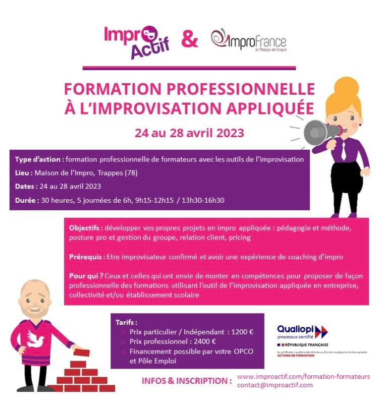 ImproActif's tweet photo. L'improvisation est un outil puissant de cohésion, confiance,  motivation.
#IMPROACTIF, leader de l'improvisation appliquée en France, s'emploie à former les coachs comédiens qui souhaitent utiliser ce formidable outil de façon professionnelle. 
👇
https://t.co/aBsh3k4uNV https://t.co/kxKuVOZgxB