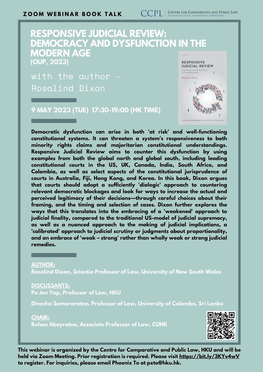 CCPL at HKU (@ccplhku) on Twitter photo Join the CCPL book talk Responsive Judicial Review: Democracy and Dysfunction in the Modern Age (OUP,2023) with the Author <a href="/rosalinddixon15/">Rosalind Dixon</a> at 17:30 (HK Time) on 9 May 2023 via Zoom. Register at: bit.ly/3KYv4wV Join the CCPL book talk Responsive Judicial Review: Democracy and Dysfunction in the Modern Age (OUP,2023) with the Author <a href="/rosalinddixon15/">Rosalind Dixon</a> at 17:30 (HK Time) on 9 May 2023 via Zoom. Register at: bit.ly/3KYv4wV