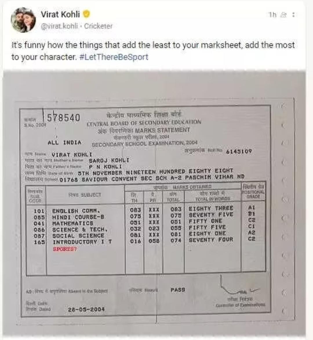 Virat Kohli Class 10Th Marksheet