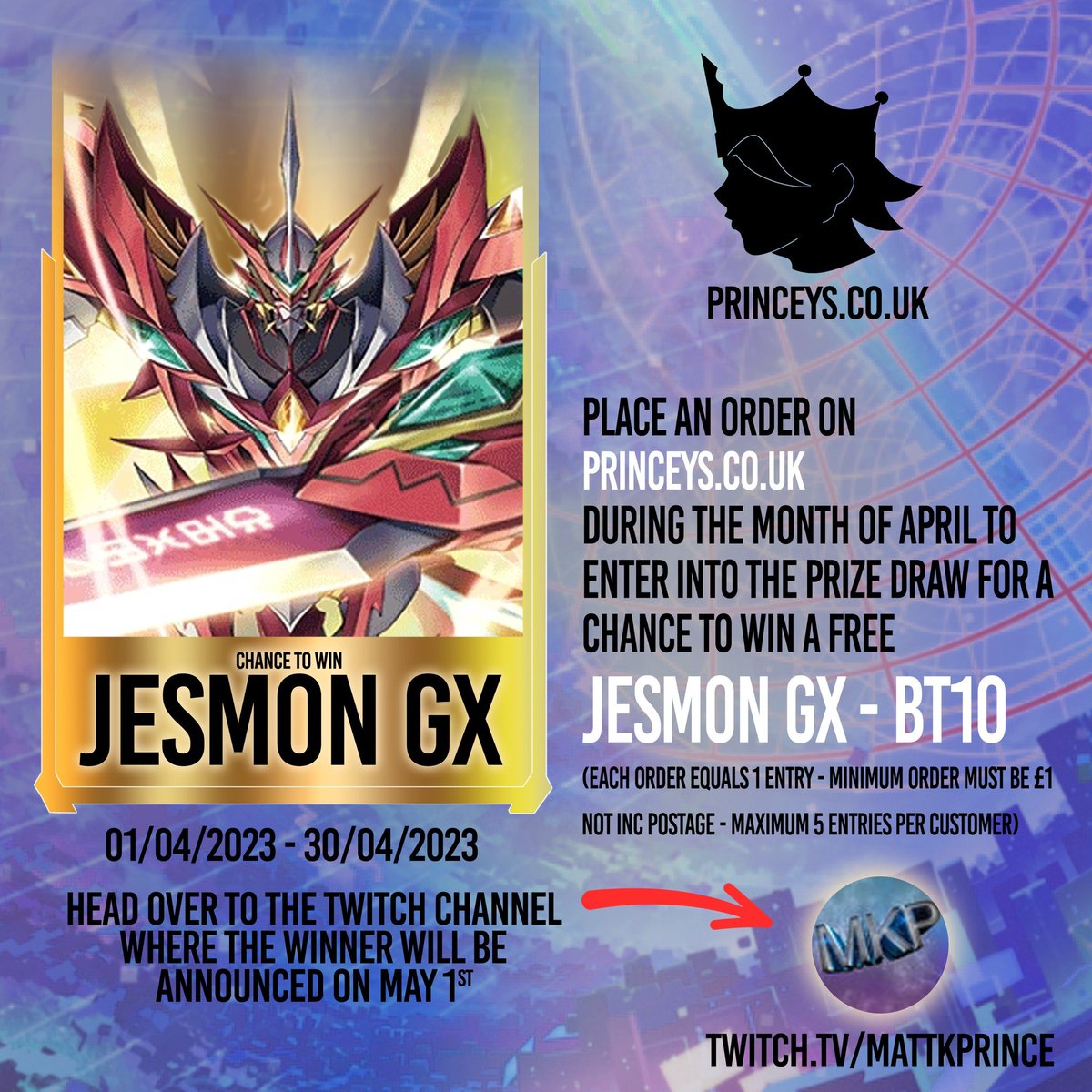 PrinceysCC's tweet photo. Good morning Digimon Tamers!

With April fast approaching, I would like to announce our promotion for the coming month!

Starting Saturday, April 1st through to Sunday, April 30th, every order that is placed will put you into a draw for winning a SECRET RARE card from Digimon. https://t.co/Iq9HEoFqaM