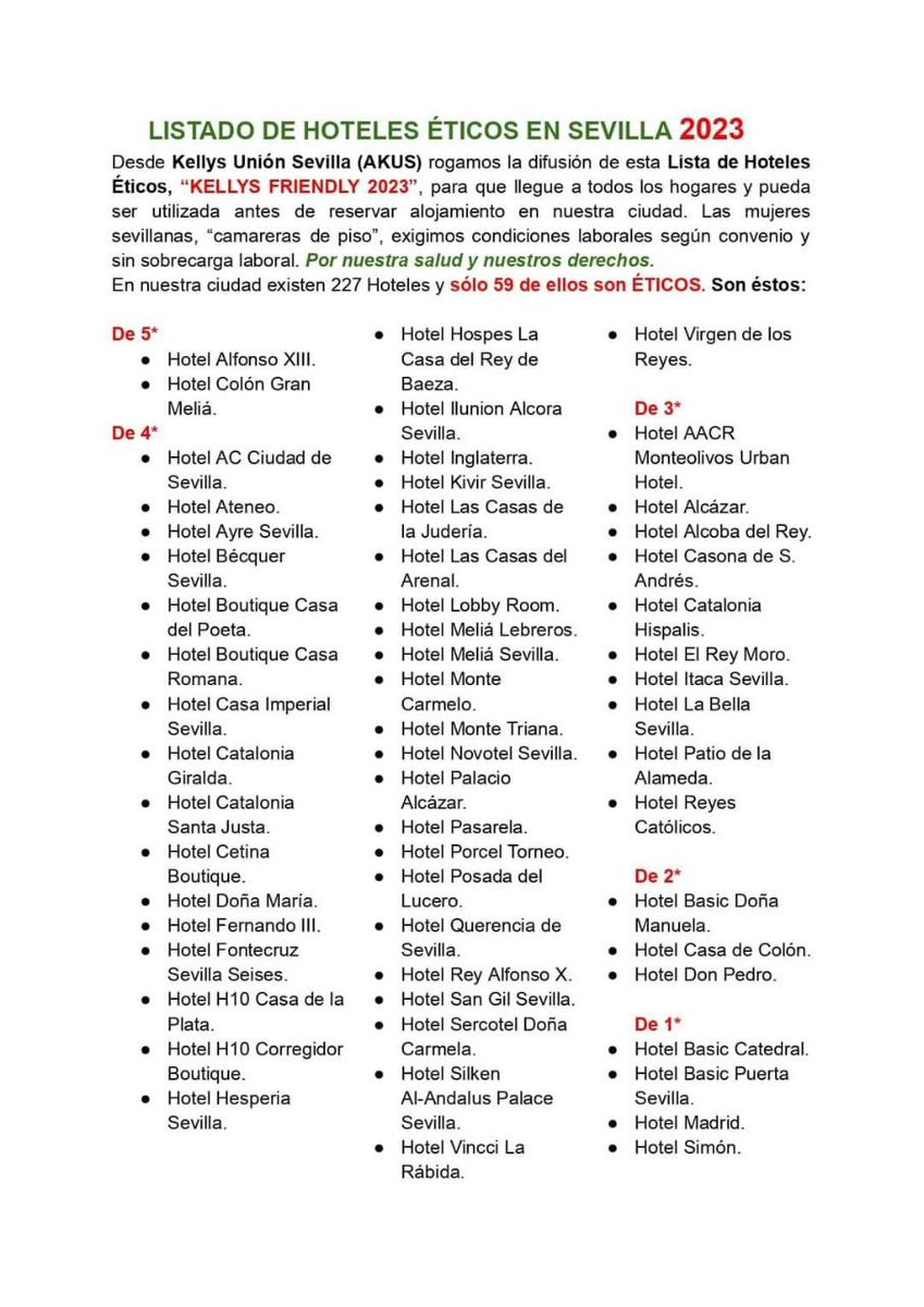 Si van a venir a #Sevilla en #SemanaSanta les dejo el listado de hoteles que cumplen el Convenio de la Hostelería.

Por cortesía de las Kellys, las camareras de piso de Sevilla.