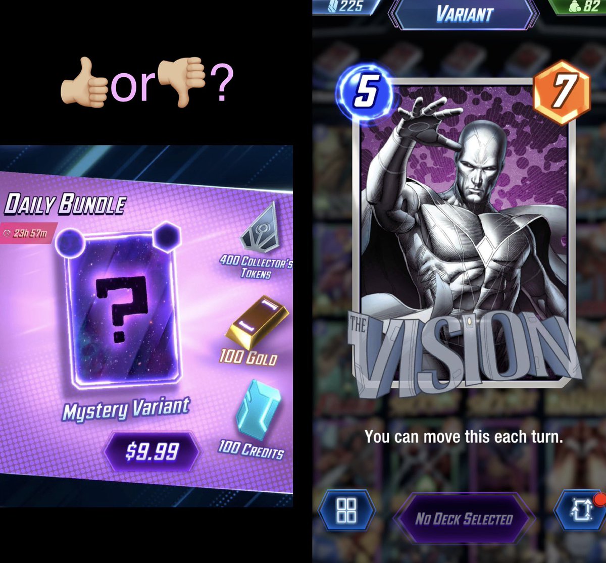ItsGuestGaming's tweet image. Alright, to prepare for tonight’s 99-&amp;gt;Infinite push, I decided to splurge! I got this sick Vision Variant!

Who was brave enough to try this pack? And what did YOU get?!

#MarvelSNAP #SnapCreator
