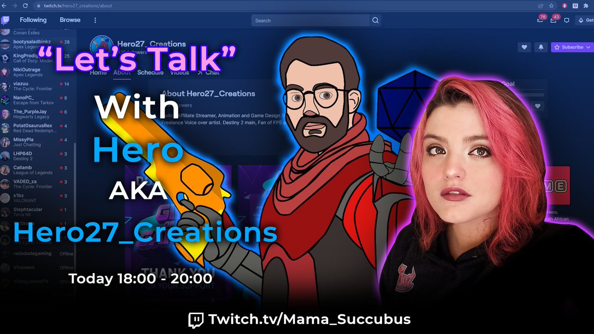 Good morning everyone! 
"Let's Talk" with @hero27_create at 18:00 where we'll get to know him better as a creator. Also we'll be getting some insight to the work that goes into being a Vtuber in itself. If you have any questions, feel free to join us tonight!
#Vtuber #zastreams