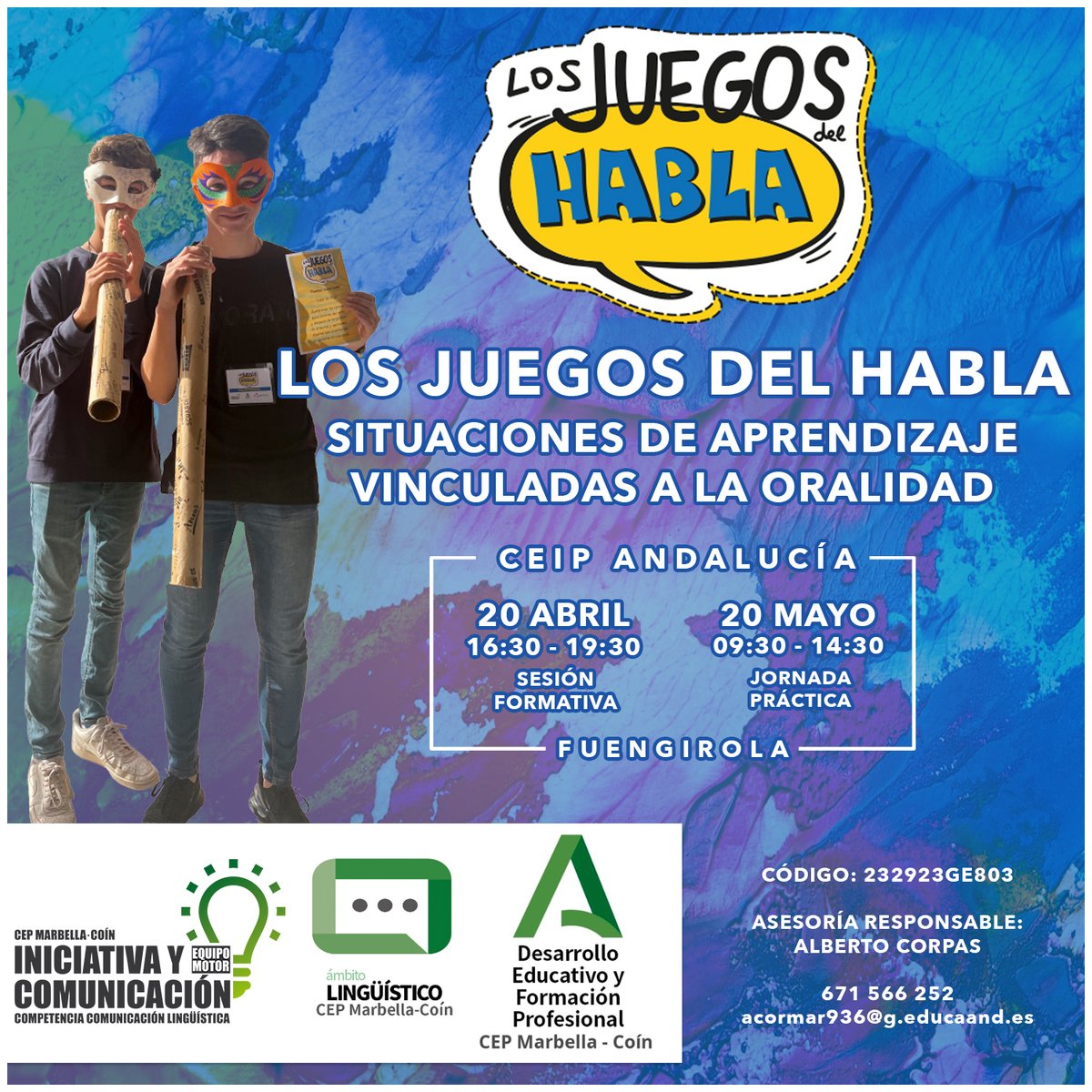 📢Abierta inscripción "LOS JUEGOS DEL HABLA. SITUACIONES DE APRENDIZAJE VINCULADAS A LA ORALIDAD"

🧑‍🏫 SESIÓN FORMATIVA: 20/04 - 16:30 a 19:30
🎉 JORNADA PRÁCTICA: 20/05 - 09:30 a 14:30

ℹ️ Info e inscripción: juntadeandalucia.es/educacion/secr…

<a href="/cepmarbellacoin/">CEP Marbella-Coin</a> <a href="/equipomotorIyC/">iniciativaycomunicación</a>