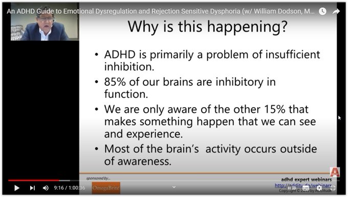 70,018 views  9 May 2022
People with ADHD feel emotions more intensely, more frequently, and more suddenly. In fact, one third of adults with ADHD say emotional dysregulation is the most impairing aspect of their ADHD, adversely affecting work performance and personal relationships.

Among the biggest emotional challenges facing adults with ADHD is rejection sensitive dysphoria, an extreme sensitivity to criticism and judgment that seems to exist only in those diagnosed with the disorder. In this hour-long webinar replay, learn about emotional dysregulation and rejection sensitive dysphoria with William Dodson, M.D.

Download the slides associated with this webinar here: 
https://www.additudemag.com/webinar/e...

1:38 ADHD Diagnostic Criteria
4:01 Why Should We Care?
6:47 Emotional Regulation
16:37 What is Rejection Sensitivity?
22:35 How Do People Protect Against RSD?

24:28 Alpha Agonist Medications
29:32 Summary


Related Resources
1. Read: How ADHD Ignites Rejection Sensitive Dysph