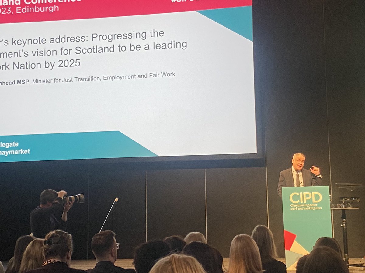 Richard Lochhead, MSP addresses the @CIPD_Scotland #CIPDScotConf23 on the SG vision for Scotland to be a Fair Work Nation, in his last day as Minister for Just Transition, Employment and Fair Work.