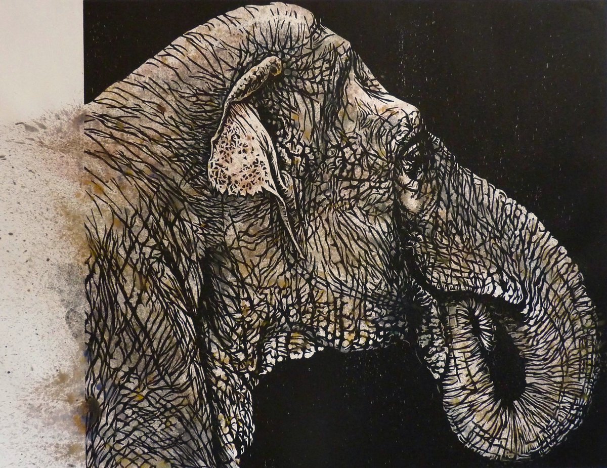 ArtistJVC's tweet photo. This is the first time I've entered @DSWFWildlife Wildlife Artist of the Year #WAY23. My mixed media woodcut &amp; watercolour 'Margins', which is a play on words, explores margins &amp; space in a picture and is a metaphor for the challenges of loss of habitat for Asian elephants. https://t.co/3CkAkTxPik
