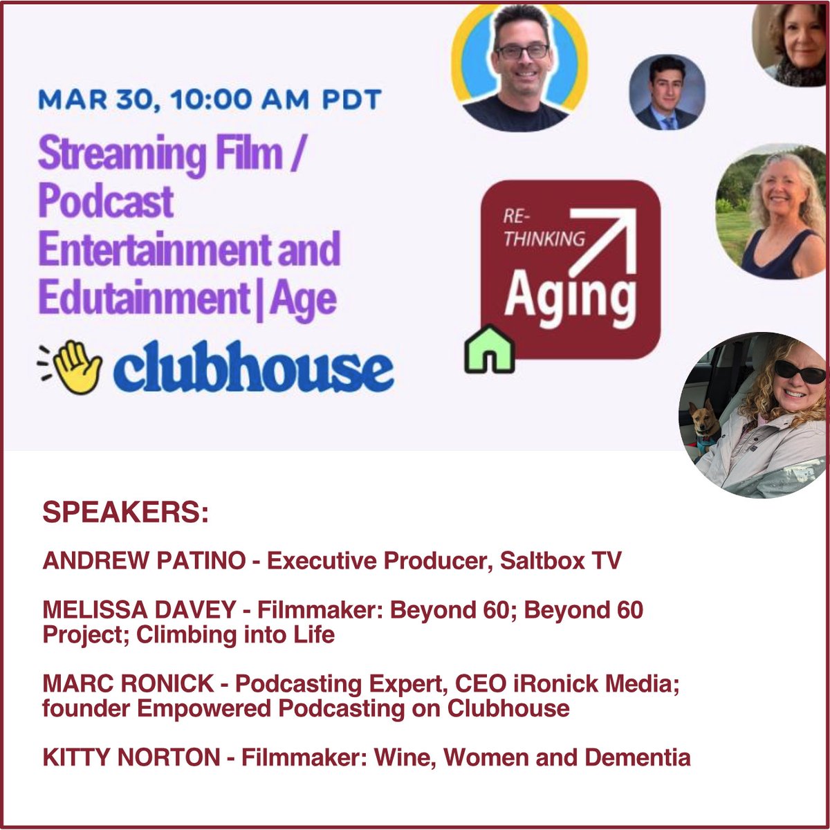 Join Andrew Patino <a href="/SaltboxTV/">Saltbox TV</a>, Melissa <a href="/DaveyLissa/">Melissa Davey</a>, Kitty Norton @WWDdocumentary and @MarcRonick for a #RethinkingAging #film discussion and #podcasting tips. 

Details and <a href="/Clubhouse/">Clubhouse</a> link here: linkedin.com/posts/lindashe…

#TVReview #FilmTwitter