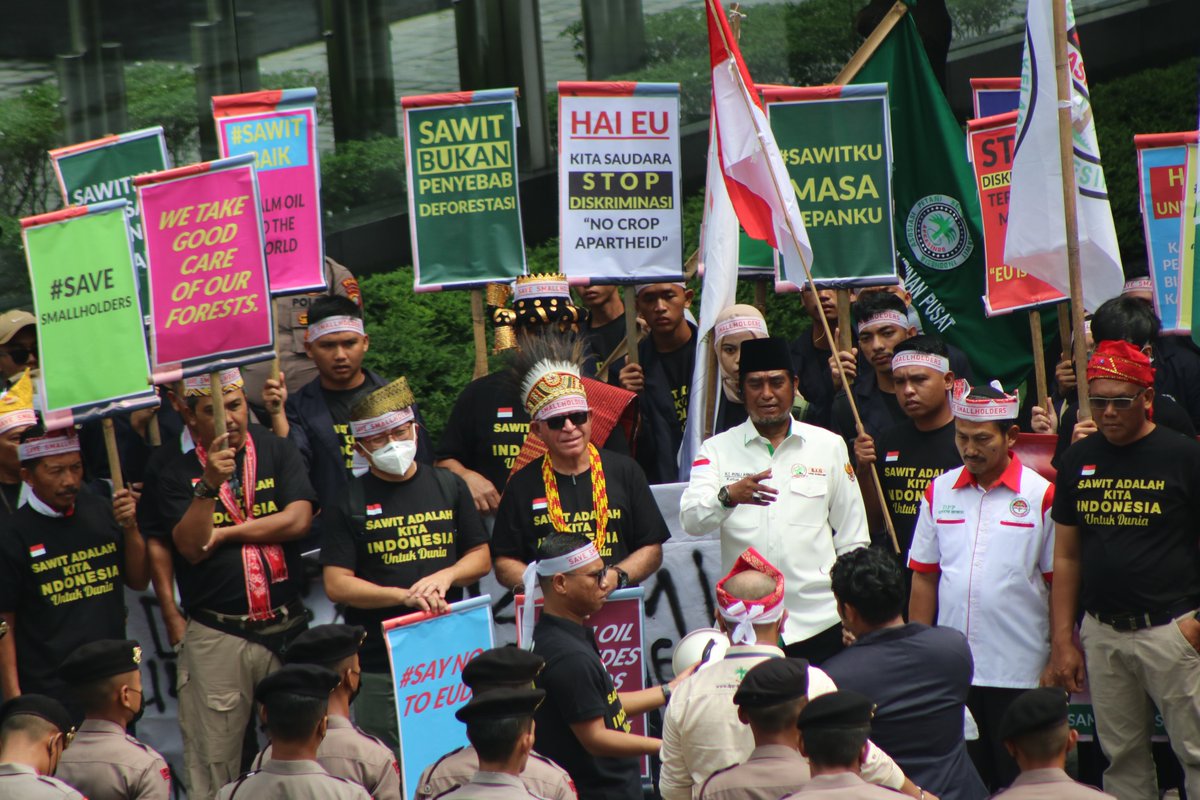 Members of smallholder unions <a href="/DPP_Apkasindo/">DPP Apkasindo</a>, SAMADE, FORMISA, ASPEK PIR and Santri Tani Nahdlatul Ulama, representing more than 17 million 🌴smallholder in 🇮🇩, staged a protest in front of the #EU Embassy in Jakarta demanding the rejection of the #EUDR: bit.ly/40H3dXY