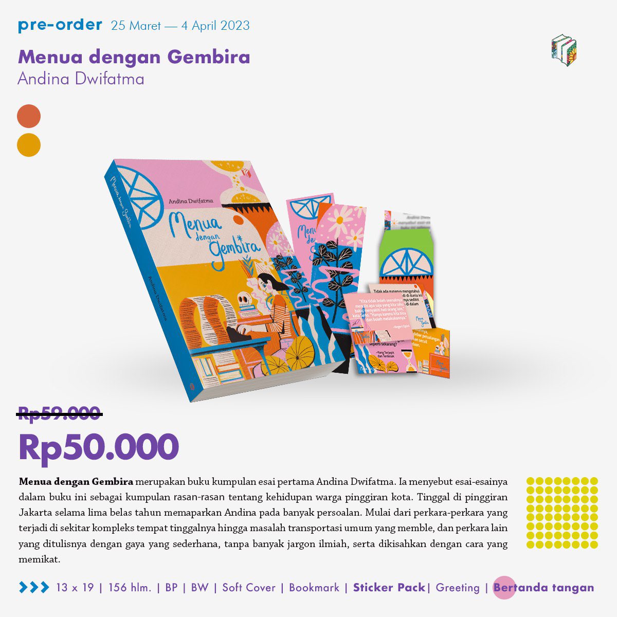 Halo! Kumpulan esai pertamaku, "Menua dengan Gembira" sudah bisa dipesan melalui tautan berikut:

Shopee: shopee.co.id/product/221426…

Tokopedia: tokopedia.com/shiramedia/buk…

Desain sampul oleh <a href="/nadyanoor00/">Nadya Noor</a>.