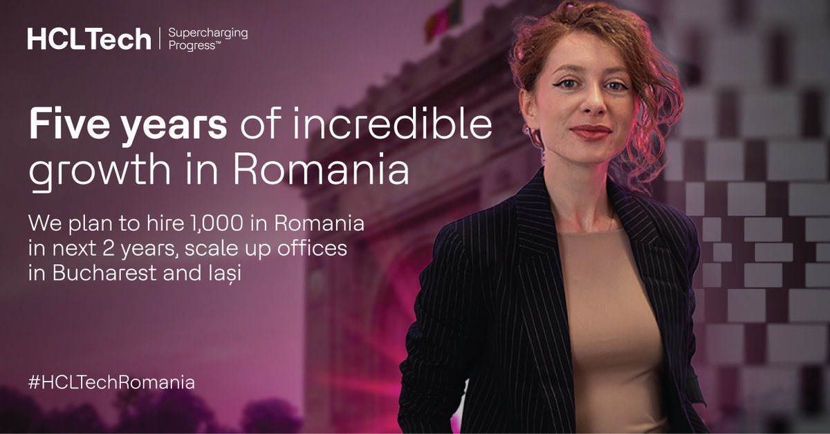 hcltech's tweet photo. We plan to hire 1,000 people in Romania in the next two years as we complete five wonderful years in the country. We are also scaling up our offices in Bucharest and Iași. https://t.co/xxwsyxwc0Z #SuperchargingProgress #HCLTechRomania #FindYourSpark https://t.co/gKKVpwamt7