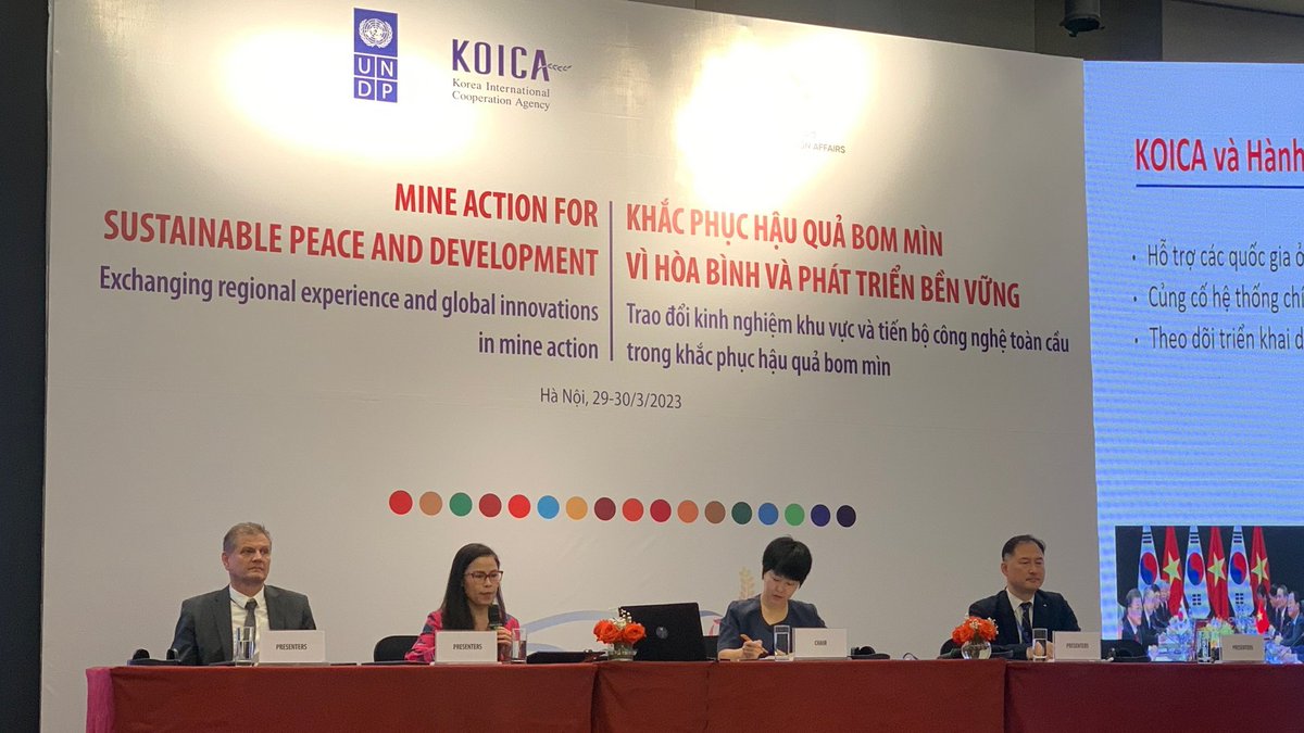 UNDPVietNam's tweet photo. Regional conference on #MineAction continues today with insightful sharings and discussions on innovations, connecting mine action with #SDGs, managing residual risks, creating synergies &amp; enhancing cooperation within the region🤝 https://t.co/woETyl7s0c
