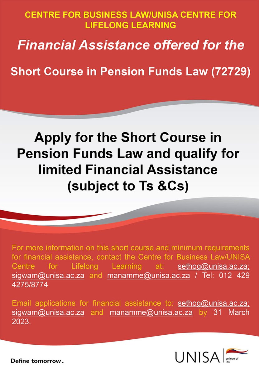 unisa's tweet photo. Apply for the Short Course in Pension Funds Law (72729) and qualify for limited Financial Assistance (Subject to Ts &Cs). https://t.co/dTVOJEUuAC
#UnisaSLP #UnisaUCL https://t.co/7hSCNnJTtK