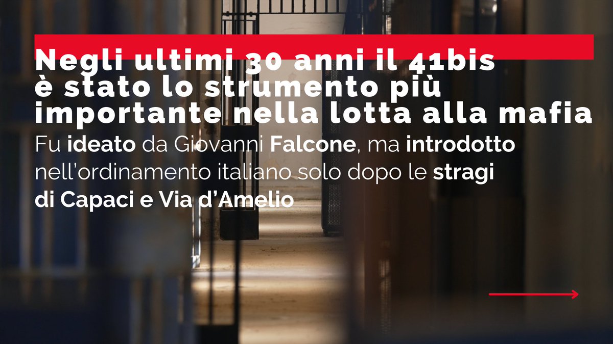 reportrai3's tweet photo. Negli ultimi 30 anni il #41bis è stato lo strumento più importante nella lotta alla #mafia. Fu ideato da Giovanni Falcone, ma introdotto nell’ordinamento italiano solo dopo le stragi di #Capaci e Via d’Amelio. Oggi è sotto attacco. Ne parliamo a #Report lunedì ore 21.20 #Rai3👇 https://t.co/aAA3uNP2aB
