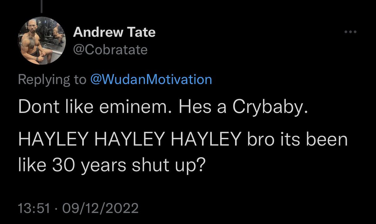 idarkpunisher90's tweet photo. When Andrew Tate trying to have beef with Eminem is lucky Eminem didn’t reply to him he would of embarrassed andrew so bad. Same happened to MGK https://t.co/x4w9yhSs5p