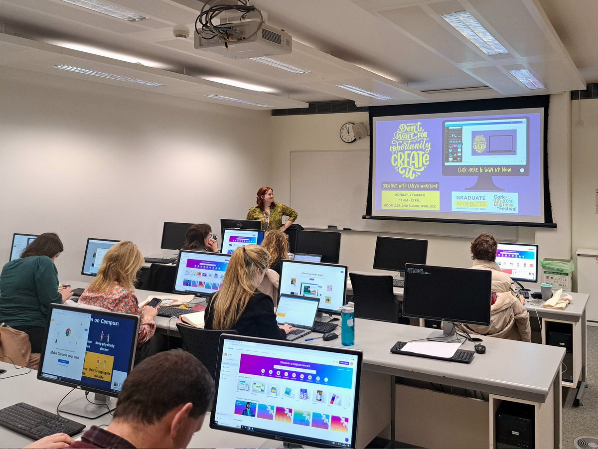 UCCGrAttributes's tweet photo. Create with Canva with Maggie O'Sullivan of GAP was a sell-out succes 🙌 

The workshop ran as part of Cork Lifelong Learning Fest @learning_fest to encourage learners to develop the @UCC graduate value of 'creators, communicators, and evaluators of knowledge' 
#UCCGradAttributes https://t.co/RyYQE6SHOd