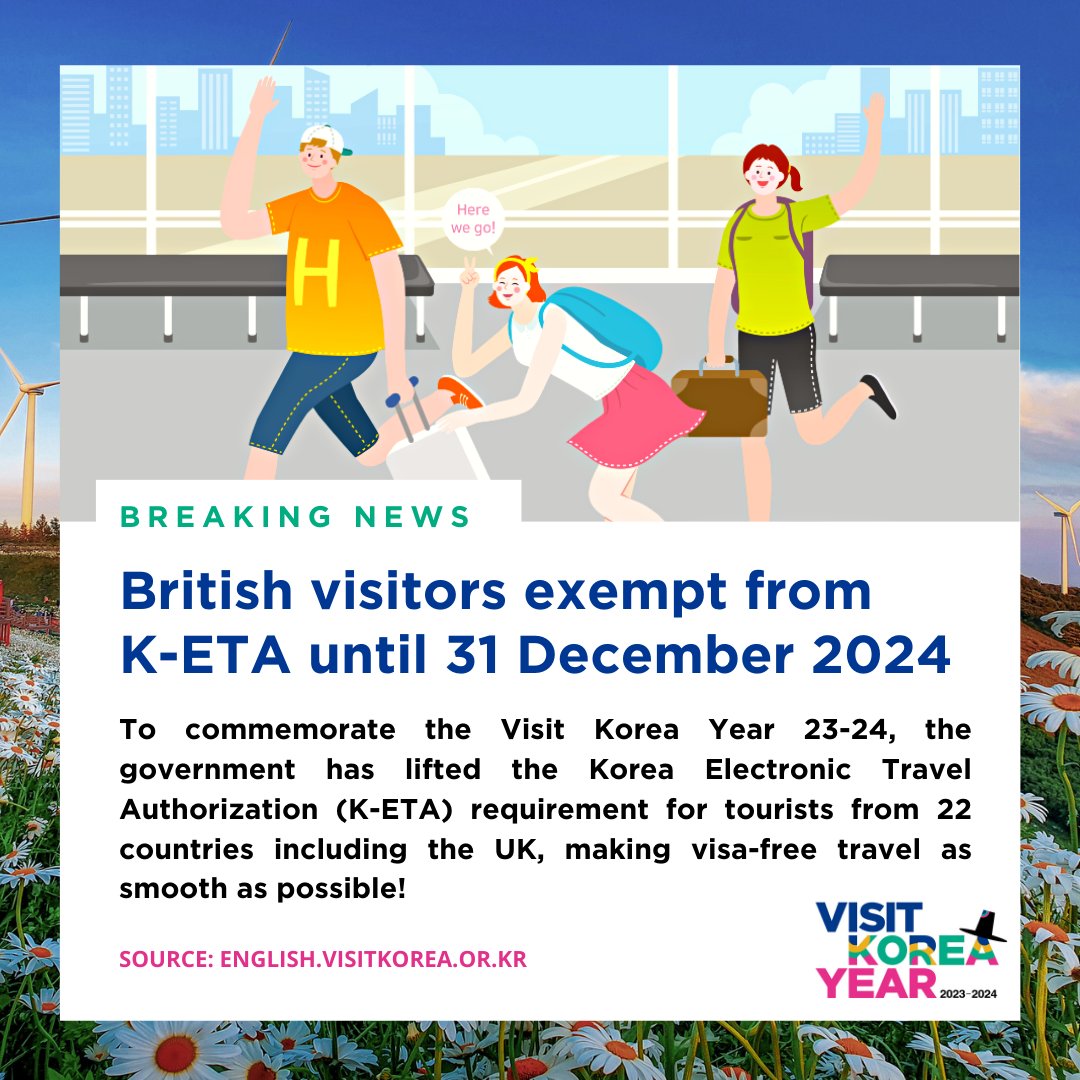 📢FROM APRIL📢 To commemorate the Visit Korea Year 23-24, the government has lifted the K-ETA requirement for tourists from 22 countries including the UK!

🗓 From Apr 1, 2023 – Dec 31, 2024
🌏 List of countries:
english.visitkorea.or.kr/enu/AKR/FU_EN_…

#VisitKoreaYear2023 #RideTheKoreanWave