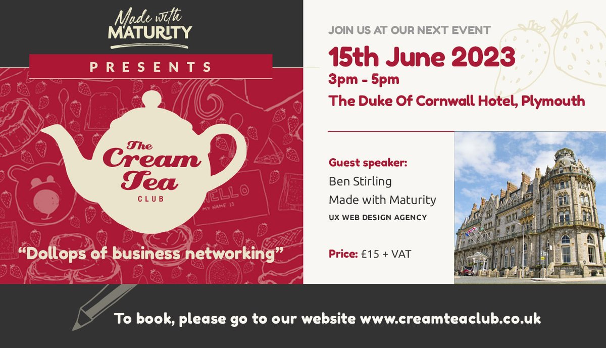 Cream Tea Club (@jamorcreamfirst) on Twitter photo Tickets are live for our next event! Join us on Thursday 15th June 2023 3pm – 5pm at <a href="/TheDukePlymouth/">Duke of Cornwall</a> for #dollopsofnetworking.
We recommend booking soon as tickets are limited.
creamteaclub.co.uk/event/cream-te…
A donation from our events goes to our chosen charity <a href="/shekinahmission/">John Hamblin</a> Tickets are live for our next event! Join us on Thursday 15th June 2023 3pm – 5pm at <a href="/TheDukePlymouth/">Duke of Cornwall</a> for #dollopsofnetworking.
We recommend booking soon as tickets are limited.
creamteaclub.co.uk/event/cream-te…
A donation from our events goes to our chosen charity <a href="/shekinahmission/">John Hamblin</a>