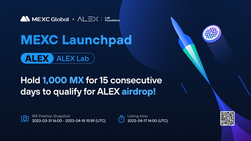 MEXC_Official's tweet image. #MEXCLaunchpad is here - Let's celebrate with @ALEXLabBTC 🔥

Hold 1,000 $MX to be qualified for the $ALEX airdrops!

📷Snapshot Period: 16:00 Mar 31 - 15:59 Apr 15 (UTC) 
📈 $ALEX/USDT listing: 14:00 Apr 17 (UTC)

Details: bit.ly/3nvEwiX

#Alexlab #MEXC