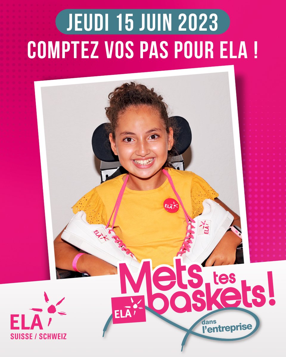 ELASuisse's tweet photo. Réservez la date du jeudi 15 juin 2023 pour participer à l’action « Mets tes baskets dans l’entreprise ». Les enfants d’ELA comptent sur vous ! 😍
Infos et inscriptions : 032 481 46 02 ou info@ela-asso.ch  
#MTBEntreprise #MetsTesBaskets  #JournéeInternationale #15juin2023 #RSE https://t.co/iR2MnIQ1i3