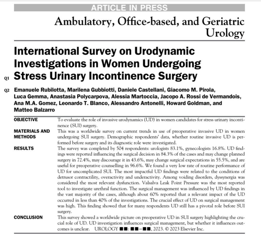 Proud of the last paper on the role of #urodynamics as preoperative examination in women underwent to #stressurinaryincontinence #surgery. A tremendous Worldwide Survey🌎!!!!!!!! ➡️pubmed.ncbi.nlm.nih.gov/36868410/