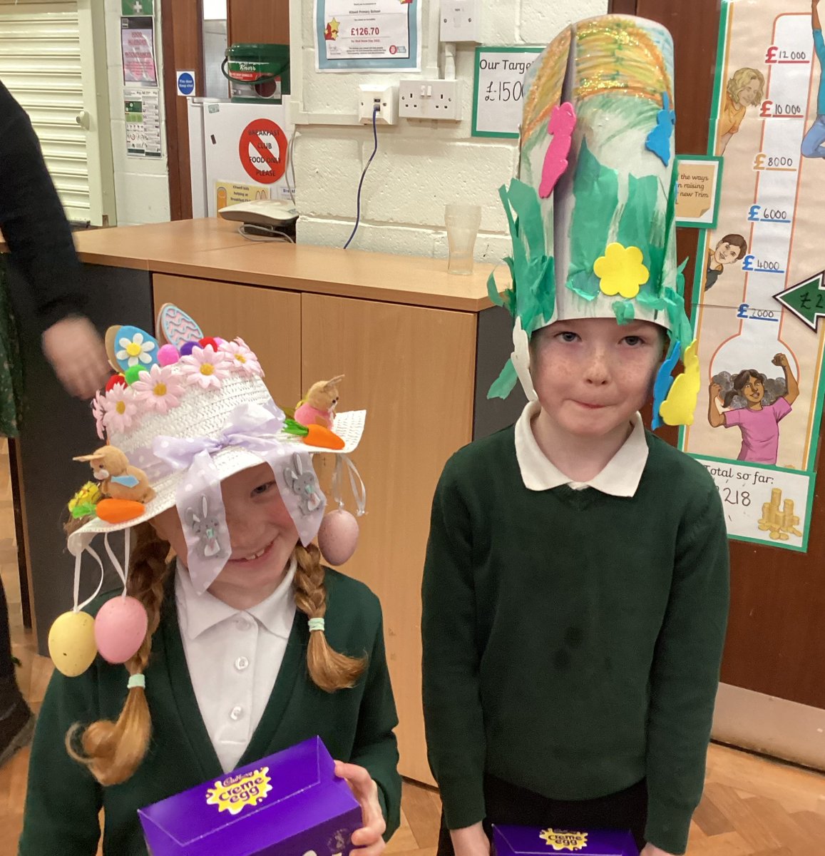 KitwellSchool's tweet photo. We had the very difficult job of choosing winners for the Easter Bonnet parade. Thank-you to everyone who took part. The winners were: Reception - Jaese T and Jack L, Year 1 - Maddison B and Joel G and Year 2 - Declan D and Ella L. https://t.co/5U8VV1Aiq5