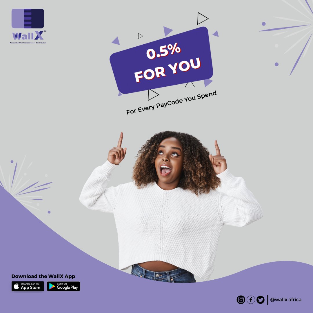 wallx_africa's tweet photo. Did you know that for every Paycode you spend on WallX, you can 0.5% cash back?

Download the WallX App today and start earning.

#paycode #funds #securefunds #spend #share #ease #win #wallx #winbig #cashback #wallxmerchant #verified #wallx https://t.co/MBhXoXvj4B