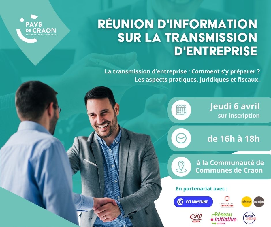 PaysCraon's tweet photo. [TRANSMISSION D'ENTREPRISE]
Venez participer à une réunion d’information :
Jeudi 6 avril - 16h à 18h au Centre Administratif Intercommunal à Craon.

La rencontre sera co-animée par @cmarPDL, un avocat spécialisé et un expert-comptable.
➡️Inscription : 02 43 49 88 70

#PaysdeCraon https://t.co/ej5Emket59