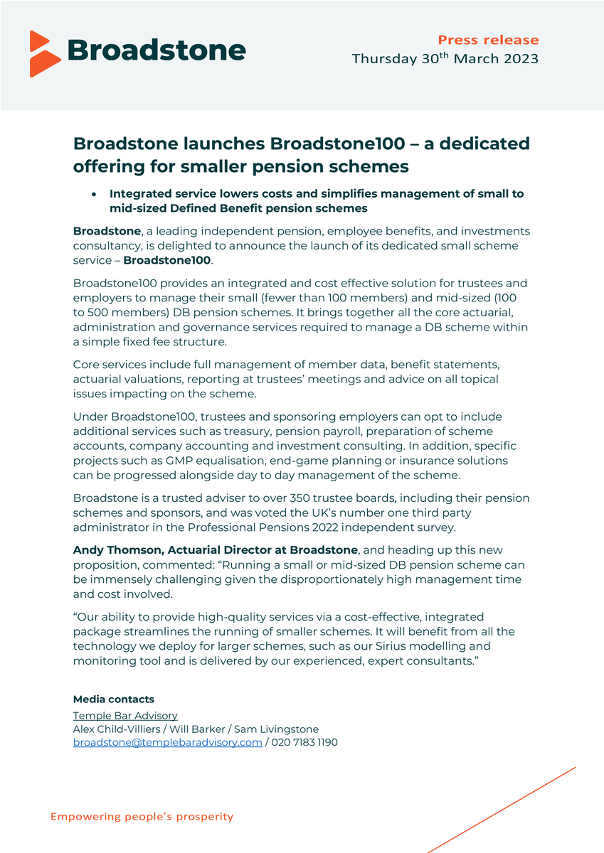 Broadstone_ltd's tweet photo. Today, we launch #Broadstone100, our dedicated small scheme specialist service that provides integrated, cost-effective solutions for #trustees and #employers, bringing together all the core services required to manage a #DBscheme.
Learn more at https://t.co/vYh6tMCyKH https://t.co/aD1ntqyCWv