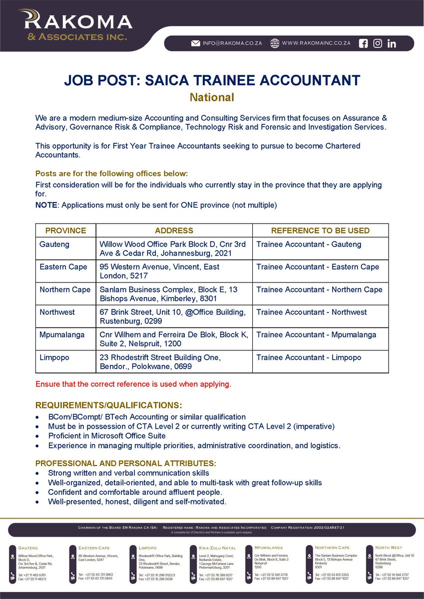 InfoAtRakoma's tweet photo. JOB POST: SAICA TRAINEE ACCOUNT - NATIONAL 
#JobSeekersSA #JobAdviceSA #jobseekers #Followforjobs #HireMe #JobSeekersWednesday #recruitment #job #hiringprofessionals #jobopportunity #recruiting #Accounting #Accountants #Accountant #TraineeAccountant https://t.co/RlwjUWP8Lp