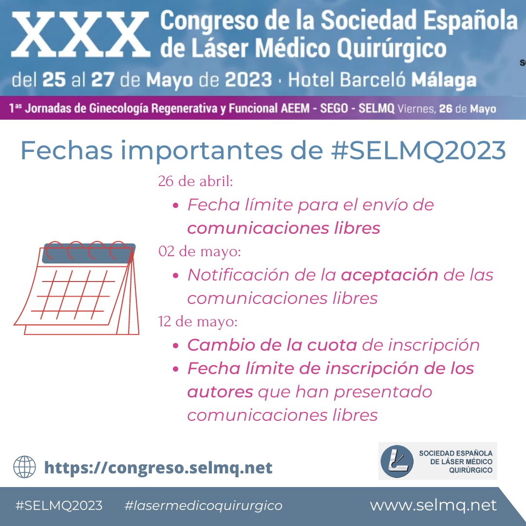 🗓️Consulta las fechas del XXX Congreso #SELMQ2023 #Málaga del 25 al 27 de mayo
🔹Comunicaciones libres
🔹Cambio de cuota inscripción
10 mesas temáticas y 36 conferencias de los profesionales de mayor prestigio en el #lasermedicoquirurgico
ℹ️ congreso.selmq.net
#medicinalaser